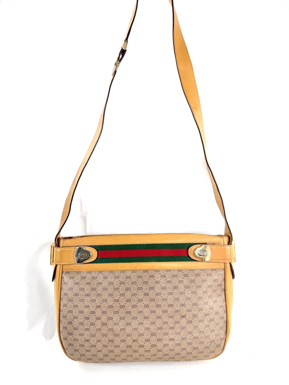 Vintage Gucci Sherry Tan Signature Coated Canvas Shoulder Bag Red Green Stripe